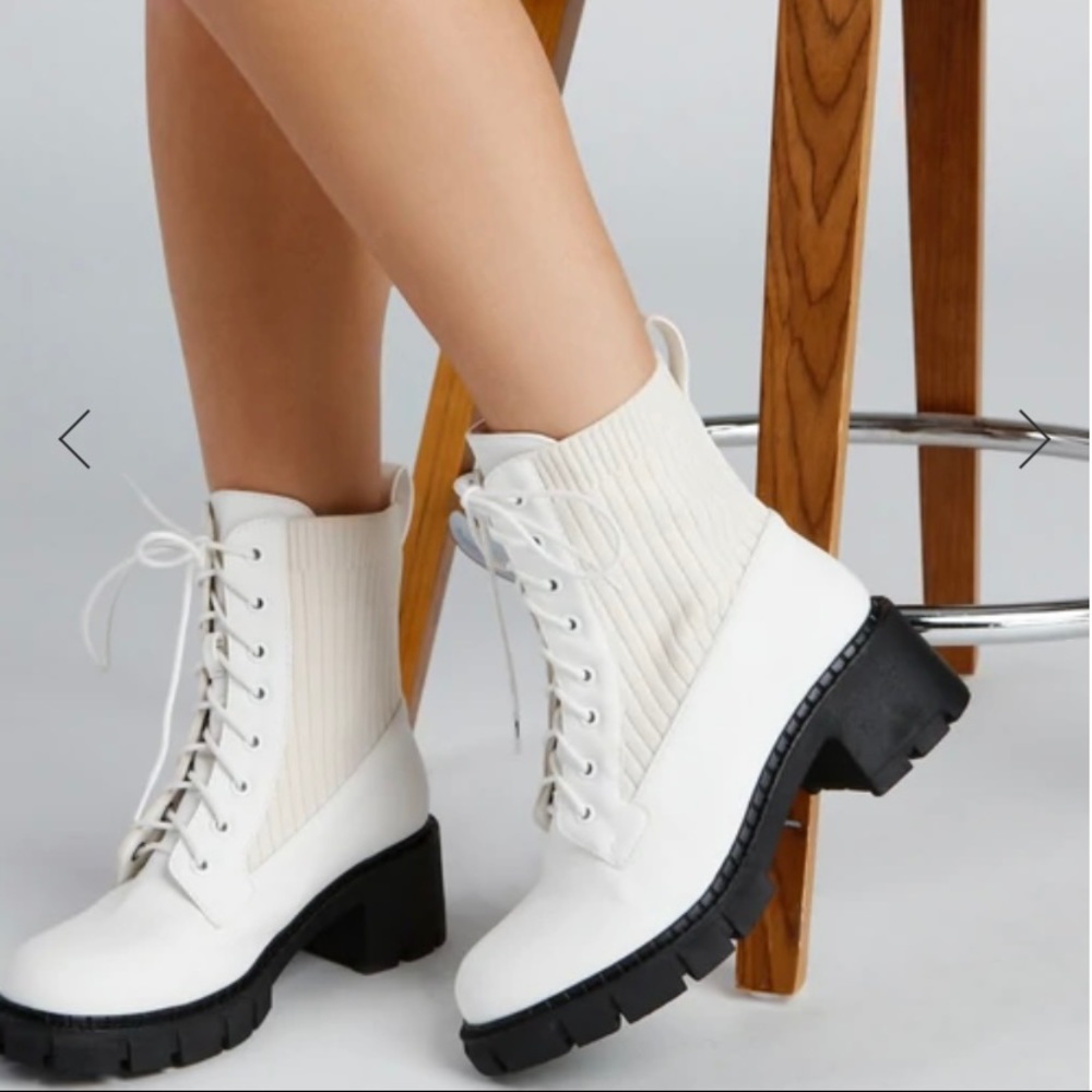 Knit Faux Leather Combat Boots